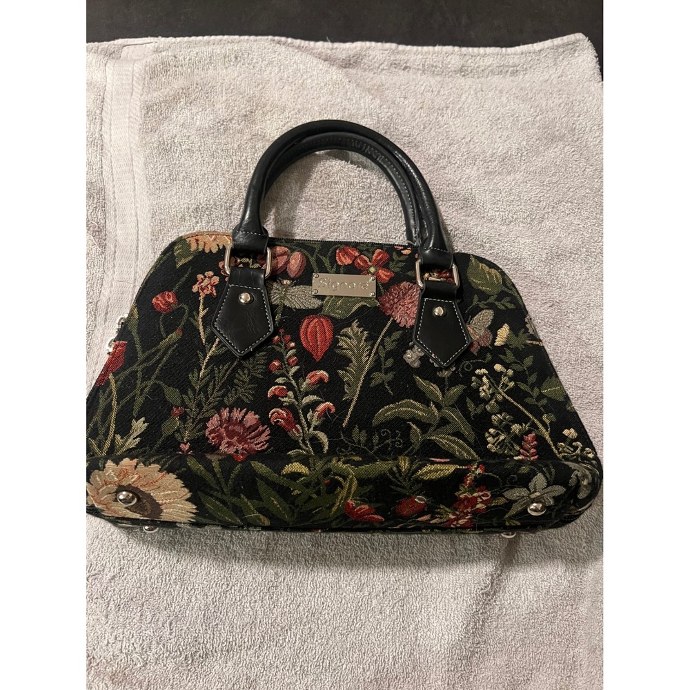 Signare Womens Handbag Woven Tapestry Floral Black OS